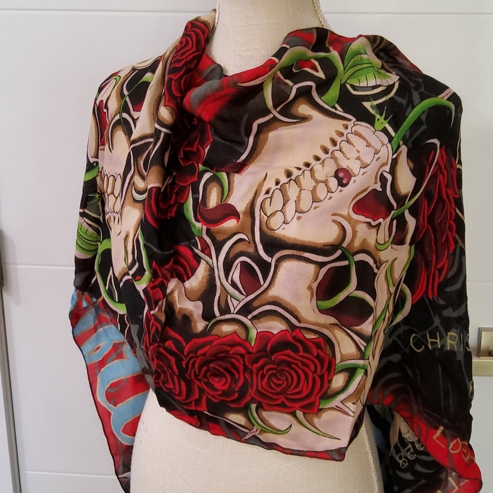 Christian Audigier Los Angeles Skull and Roses Graphic Scarf